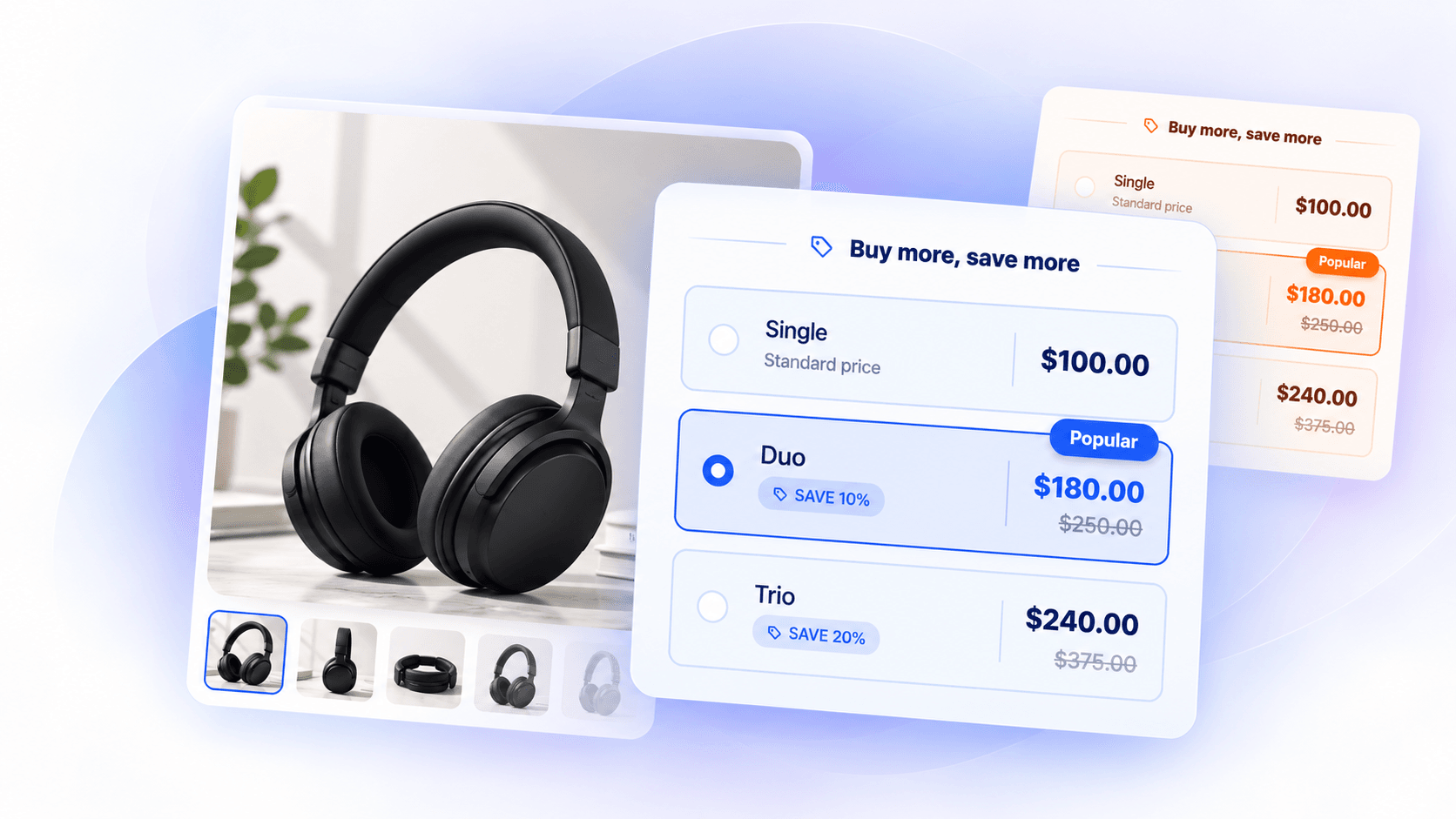 CMX Bundles quantity-discount widget on a Shopify headphones product page, offering Single at $100, Duo at $180 (save 10%, marked Popular) and Trio at $240 (save 20%)