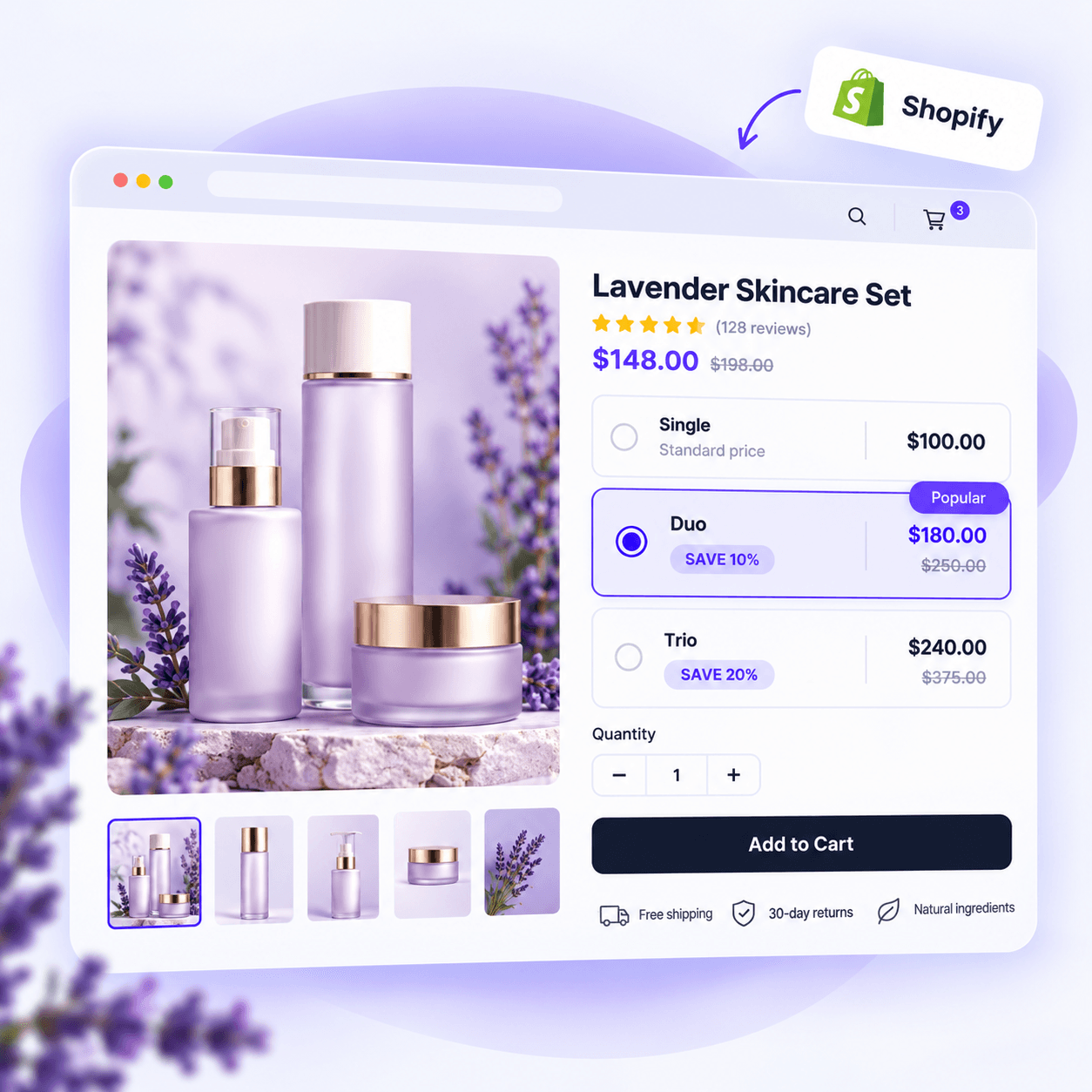 Lavender skincare set product page with Single at $100, Duo at $180 marked Popular, and Trio at $240 bundle discount options, quantity selector and Add to Cart button