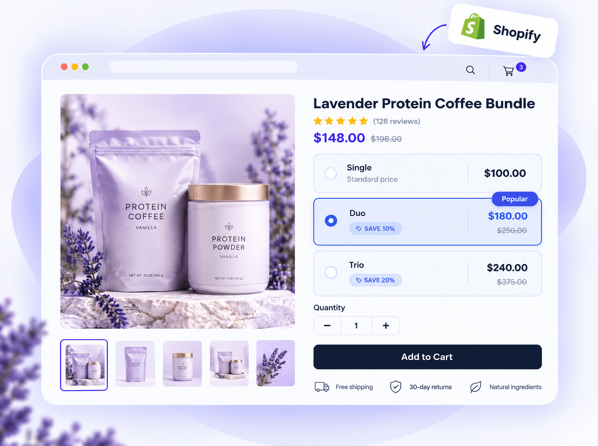 A Shopify product page for a coffee and protein bundle showing the CMX Bundles widget with Single, Duo and Trio quantity discount tiers