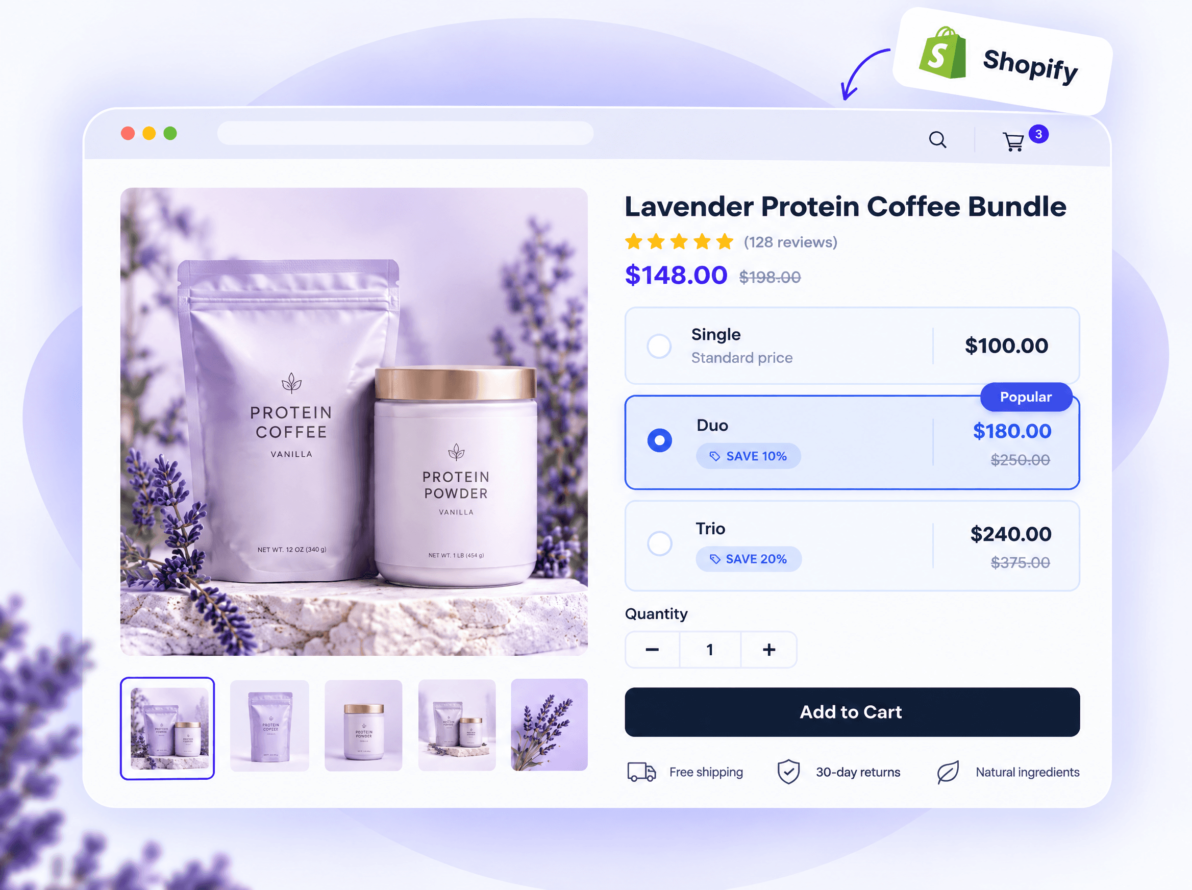 A Shopify product page for a coffee and protein bundle showing the CMX Bundles widget with Single, Duo and Trio quantity discount tiers