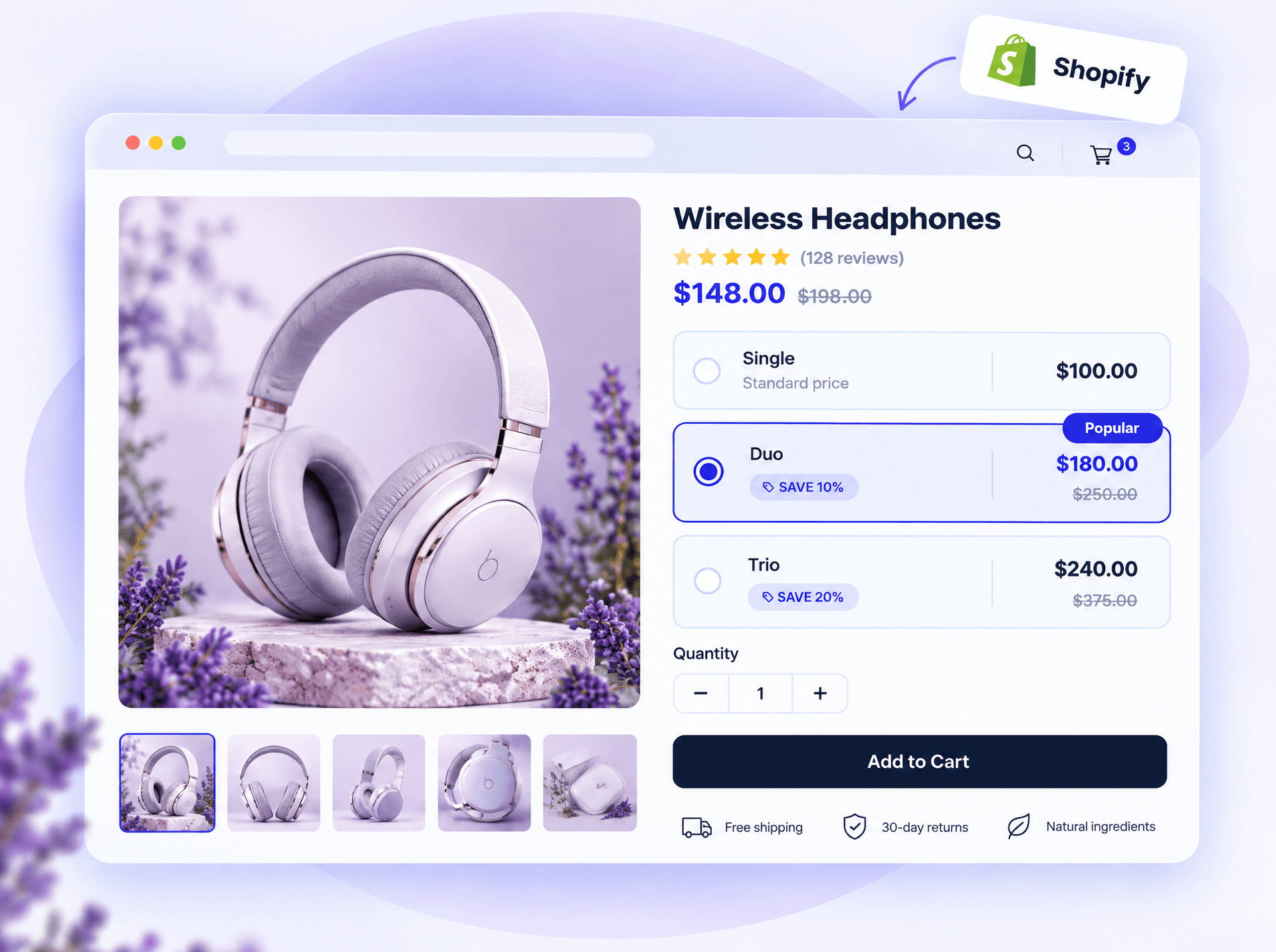 A Shopify product page for wireless headphones showing the CMX Bundles widget with Single, Duo and Trio pricing tiers and an Add to Cart button