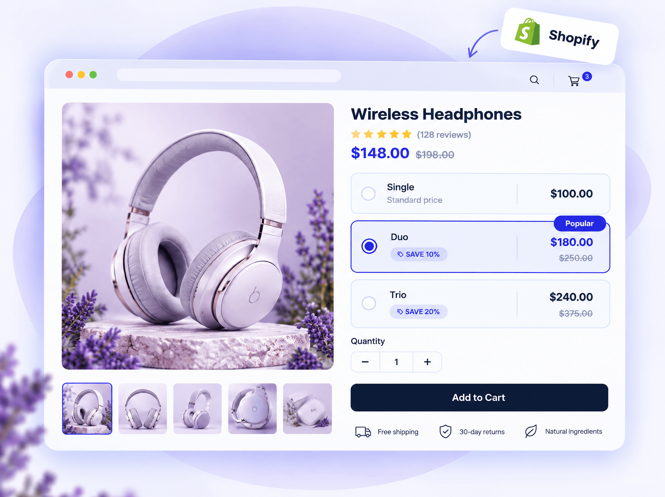 A Shopify product page for wireless headphones showing the CMX Bundles widget with Single, Duo and Trio pricing tiers and an Add to Cart button