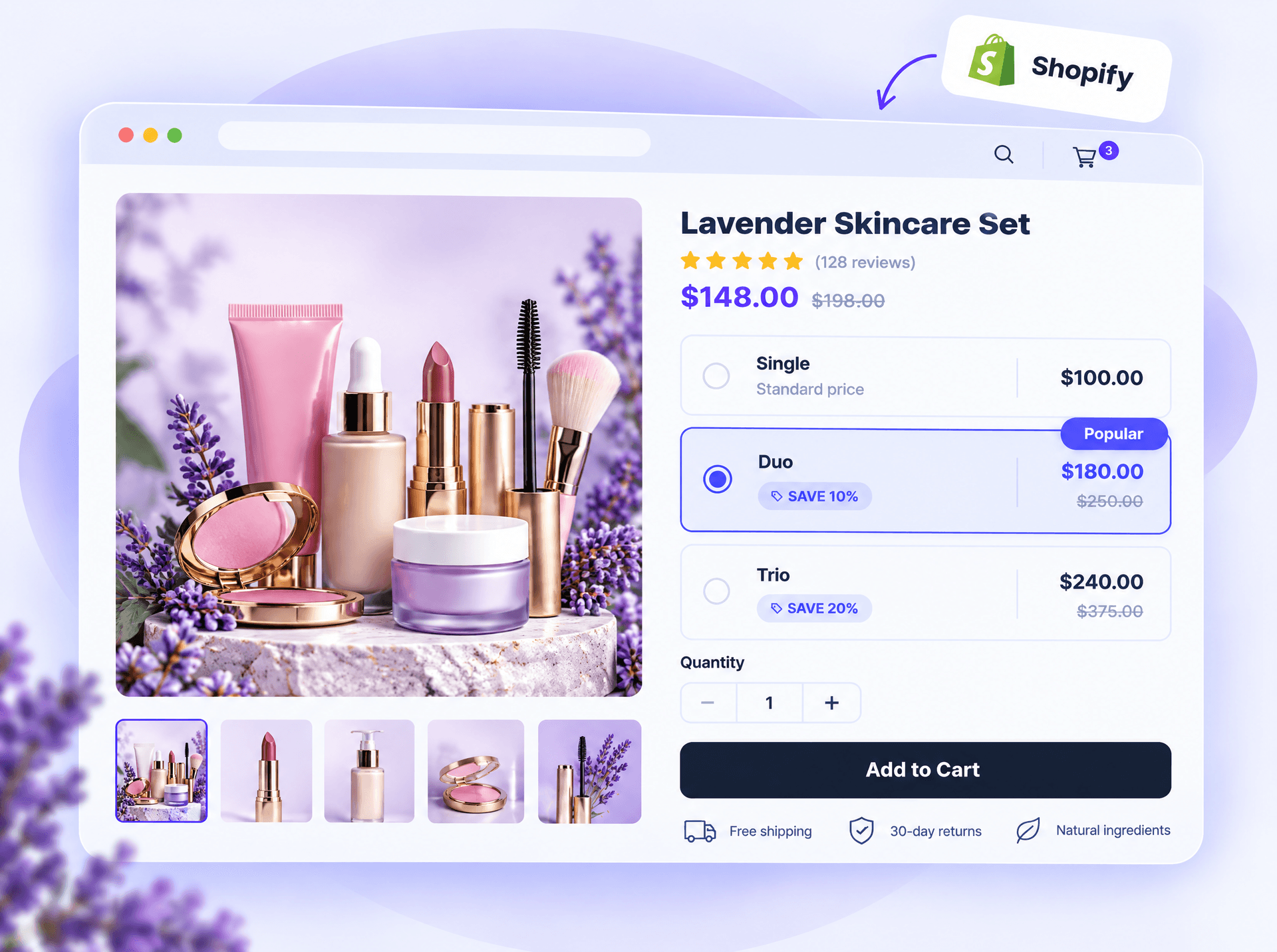A Shopify product page for a skincare and cosmetics set showing the CMX Bundles widget with Single, Duo and Trio pricing tiers